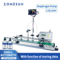 ZONESUN Liquid Filling Machine เครื่องบรรจุของเหลวความหนืดต่ำอัตโนมัติแบบตั้งโต๊ะเครื่องบรรจุขวดน้ำผลไม้พร้อมสายพานลำเลียง