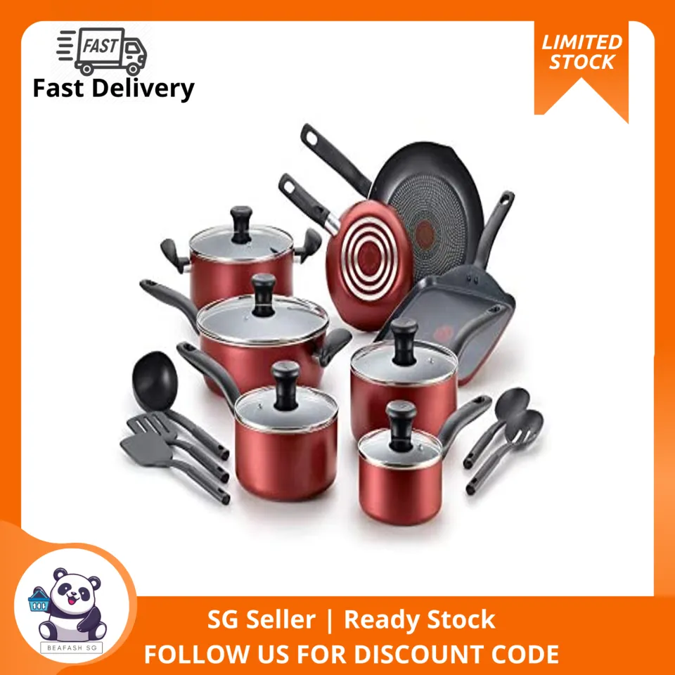  T-fal Initiatives Nonstick Cookware Set 18 Piece Oven Safe 350F  Pots and Pans, Dishwasher Safe Red: Home & Kitchen