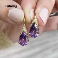 Kuhong Water Drop สีม่วง CZ Drop ต่างหูสำหรับผู้หญิงอารมณ์ Elegant Lady S หูอุปกรณ์เสริมงานแต่งงานครบรอบเครื่องประดับ