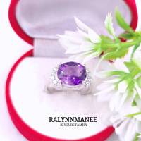 D6466 แหวนพลอยอเมทิสต์แท้ ( Amethyst ) สีกลาง ตัวเรือนเงินแท้ ชุบทองคำขาว มีไซส์ 52,55,57 แก้ไซส์ฟรี