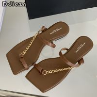 Hot sell Women Slippers New In 2023 Metal Chain Flip Flops Summer Casual Slides Square Toe Female Shoes For Ladies Outside Footwear Flats