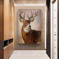 Deer Wall Art Canvas Print-โปสเตอร์สัตว์สำหรับตกแต่งห้องนั่งเล่น-ภาพวาดที่สวยงามของกวางตระหง่านในป่า