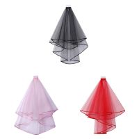 Double Layer Mesh Tulle Solid Color Women Short Wedding Veil with Comb Ribbon Edge Center Cascade Bride Party Headpiece Hair Accessories