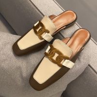 New Genuine Leather Slippers Summer Metal Buckle Mixed Color Lazy Shoes Women 39;s Flat Heel Mueller Black White Brown Big Size 41