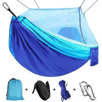 ERUW Single &amp; Double Camping Hammock with Mosquito/Bug Net, Outdoor Portable Parachute Nylon Hammock with Tree Straps, Lightweight Backyard Hammock Survival Travel Bed 110" L x 59" W (Blue/Sky Blue)