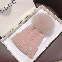 【YD】 Fur Wool Pompom Hat Female Outdoor Thick Warm Knitted New Fashion Removable Beanie Cap