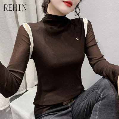 REHIN ผู้หญิงคอสูงที่ไม่มีสายหนัง Slimming บางตาข่ายแขนยาวเสื้อยืดตาข่ายผ้าฝ้ายเสื้อ