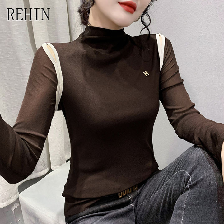 rehin-ผู้หญิงคอสูงที่ไม่มีสายหนัง-slimming-บางตาข่ายแขนยาวเสื้อยืดตาข่ายผ้าฝ้ายเสื้อ