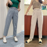 Wclothes Boyish Pants กางเกงขายาวทรงสลิมบอย ผ้าลายชิโนริ คลาสสิค ดีเทลตะขอข้าง เอวสูง ใส่สบาย ไม่รัดรูป