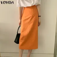 VONDA Women Fashion Solid Color High Waist Skirt Pleated Zipper A-Line Hip Skirts (Korean Causal)
