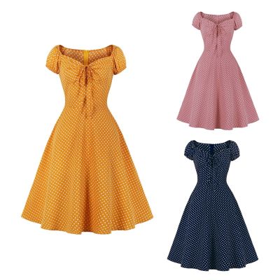 HOT11★Women Vintage Polka Dot Dress Retro Rockabilly Square Collar tail Party 1950s Swing Dress 2022 Summer Dress Short Sleeves