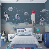 [hot]Cartoon 5D Wall Stickers for Kids Rooms Astronaut Starry Sky Rocket Boys and Girls Bedroom Background Wallpaper Room Decoration