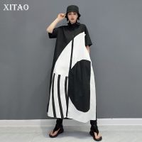 XITAO Dress Contrast Color Elegant Striped Shirt Dress