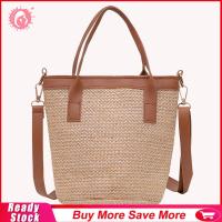 กระเป๋าฟางทรงถังแฟชั่นผู้หญิงฤดูร้อนชายหาดทอ PU กระเป๋า Crossbody