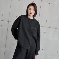 [EAM] Women Black Topstitched Big Size Casual T-shirt New Round Neck Long Sleeve Fashion Tide Spring Autumn  1DE2911