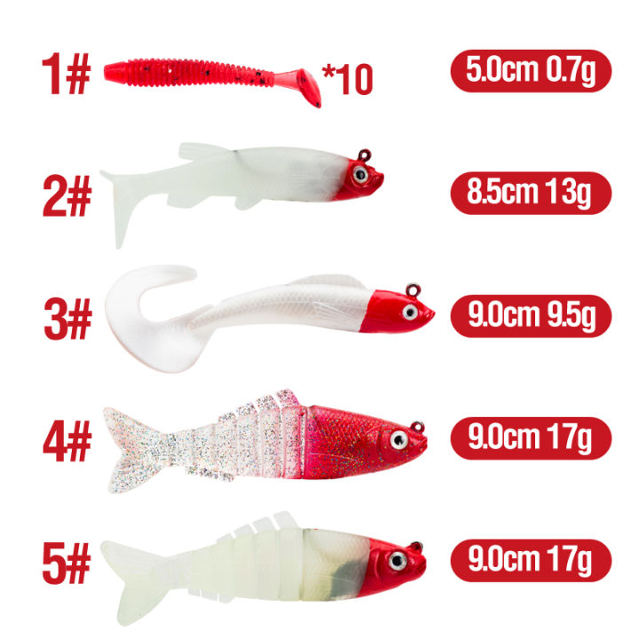 หัวสีแดงตกปลาเหยื่อชุดชนิดบรรจุกล่อง0-7-13-9-5-17-17กรัมพลาสติกอ่อน-t-rolling-ล่อตกปลา3d-ตา-likelife-ผิว-swimbait-นุ่ม-t-หาง