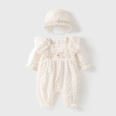Esaberi baby girl clothing off white floral lace long sleeves jumpsuit + hat 2 pcs set infant clothing set fw1