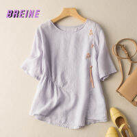 เสื้อผ้าฝ้ายแขนสั้น BREINE เสื้อเสื้อยืดผ้าฝ้ายหัวเข็มขัดแบบจานทุกอย่างไปด้วยกันหลวม Embroidery503T270