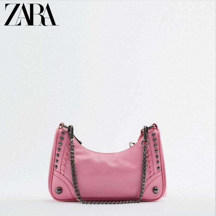 zara-กระเป๋าผู้หญิง2022ใหม่ฤดูใบไม้ผลิและฤดูร้อนสีแดงกุหลาบสไตล์ร็อคแบบพกพากระเป๋าสะพายข้างตอกหมุดย้อนยุครักแร้