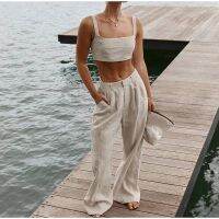 【HOT】✇ Womens Two-piece Cotton Suits New Camisole Wide Leg Pants Set Ladies Fashion Trousers