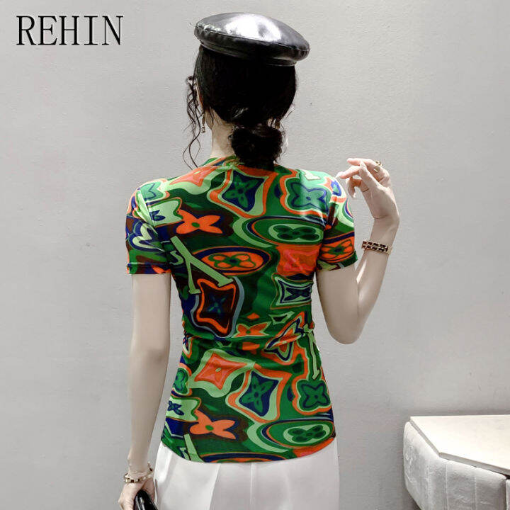 rehin-เสื้อยืดผู้หญิงฤดูร้อนแฟชั่นแขนสั้นพิมพ์ลายตาข่ายคอกลมเสื้อมีสไตล์เกาหลีเสื้อเชิ้ตชายและใหม่