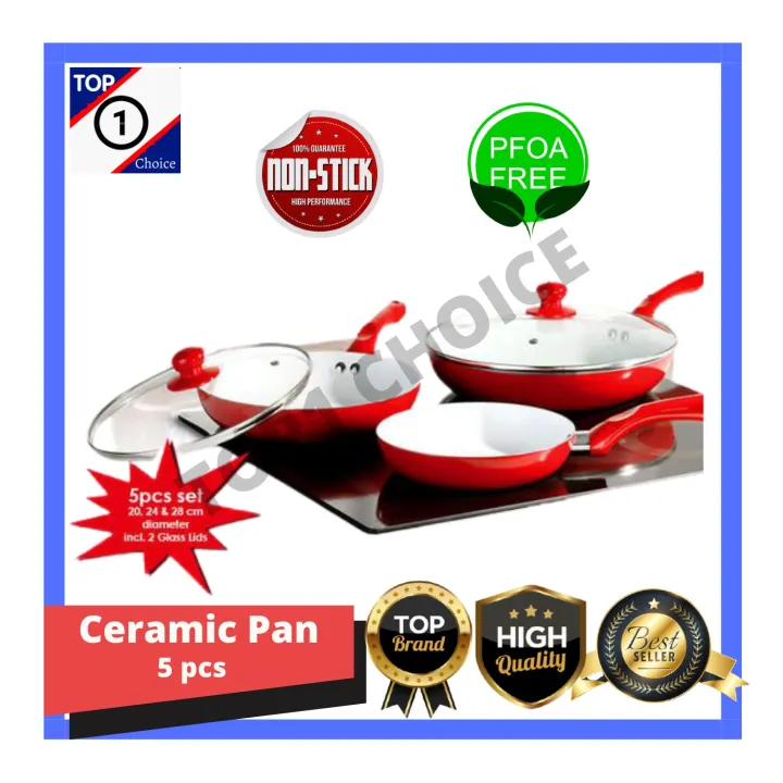 AUTHENTIC Ceramic Stone Frying Pan (Red) Set of 5 PIECES PAN WITH 2