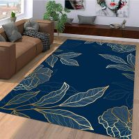 Blue with Gold Area Rugs Golden Linear Abstract Carpet for Living Room Non-slip Artistry Decor for Bedroom Floor Mats for Home