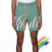 สีเขียว Cylinde Jacquard โลโก้กางเกงขาสั้นผู้ชายผู้หญิง1:1ด้านคุณภาพสีเหลือง Drawstring กางเกงขาสั้นกางเกง