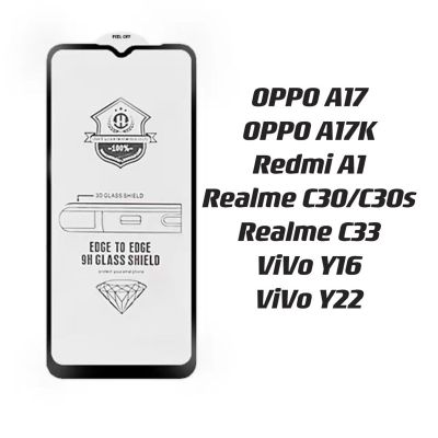 ฟิล์มกระจกนิรภัยกันรอยหน้าจอ กระจกเต็มจอกาวเต็มแผ่น สำหรับรุ่น OPPO A17 A17K Redmi A1 Realme C30 C30s C33 ViVo Y16 Y22