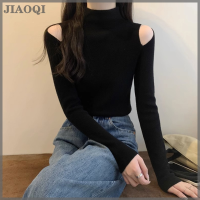 JIAOQI เสื้อสเวตเตอร์ถักแขนยาวเข้ารูปเปิดไหล่สำหรับผู้หญิงสไตล์เกาหลีฤดูใบไม้ร่วง