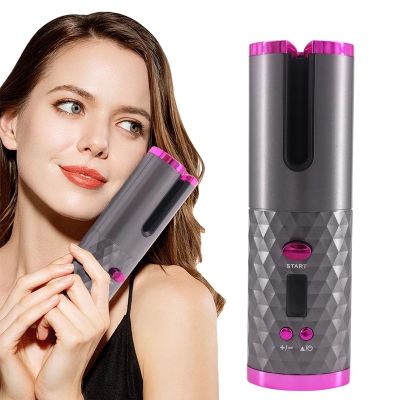 【CC】 Rotating Cordless Hair Curler USB Rechargeable Display Temperature