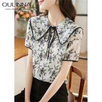 OULINNA เสื้อเบลาส์คอตุ๊กตาฝรั่งเศสสำหรับผู้หญิง,เสื้อเบลาส์แขนสั้นเปิดหน้าท้องลด2023ฤดูร้อน