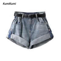 KUMI ฤดูร้อนแฟชั่น Celana Pendek Denim สีทึบเกาหลี (ไม่มีเข็มขัด) สำหรับผู้หญิง