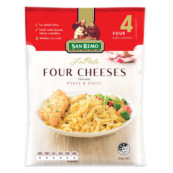 San Remo La Pasta Four Cheeses 120g ซานรีโม่ ลา พาสต้า พาสต้าพร้อมซองเครื่องปรุงรส เนยแข็ง ขนาด 120 กรัม(0758)