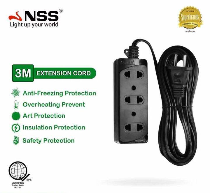3 Meters Extension Cord Extension Sockets 3 Gangs/3 Socket Black NSS NS
