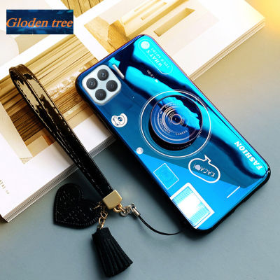 Gloden tree For OPPO A93 2020 Case Camera Pattern + Stand + Beautiful Tassel Hand Strap Protective Back Cover Couple Cases