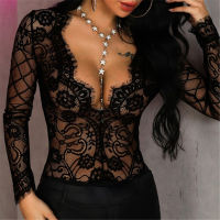 Summer Jumpsuit Women See Through V Neck Lace Playsuits Patchwork Hollow Out Low Cut Lingerie Elegant Floral Sexy Black Bodysuit