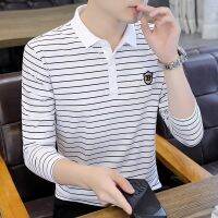 ผู้ชาย Lapel Striped เสื้อโปโลฤดูใบไม้ร่วงแขนยาวเสื้อโปโล Causal หลวมบาง T-Shirt