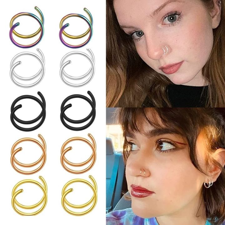 10-5-1pcs-stainless-steel-double-nose-hoop-ring-silver-color-spiral-nose-hoop-set-for-women-men-nostril-piercing-jewelry