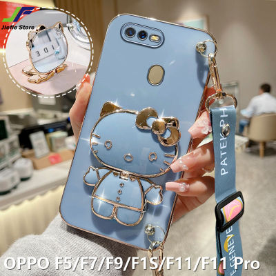 เคสโทรศัพท์คิตตี้น่ารัก JieFie สำหรับ OPPO F9 / F1S / F11 / F11 Pro / F5 / F7/F17 F17 Pro ชุบโครเมี่ยมเคสกระจกหรูหราเคสโทรศัพท์โทรศัพท์ TPU แบบน่มสี่เหลี่ยม + ขาตั้ง