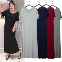 Ready Stock Women Long Dress Home Wear Summer Short Sleeve Modal Cotton Big Size Korean Style Ladies Loose Plain Casual Plus Size Black Dresses