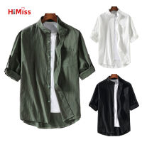 HIMISS เสื้อเชิร์ตขนาดใหญ่ฤดูร้อนสำหรับปกตั้งของบุรุษแขนสามในสี่ฝ้ายลินินเสื้อยืดผู้หญิงสีทึบ