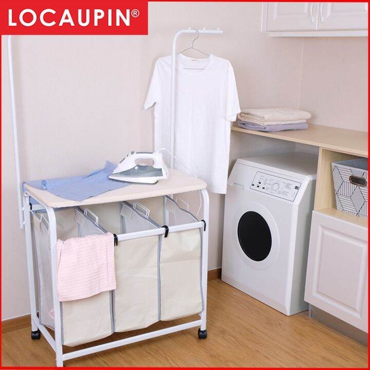 Locaupin Rolling Portable Laundry Sorter with Folding Station with Clothes Holder, Ironing Board