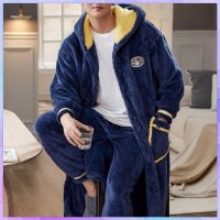 HOT★Hooded เสื้อคลุมอาบน้ำชายชาย Flannel ชุดผ้าขนหนูหนา Dressing Gown ยาว Robe Mens Homewear และกางเกง Plus ขนาด3XL пижама