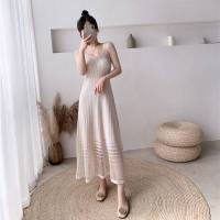 Summer New SLING DRESS Womens Thin Ice Silk A-line with Medium Length Skirt Lace y Knitted Dress