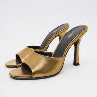 spring new womens shoes golden za/raˉchocolate brown metal sheep leather high-heeled sandals fashion temperament