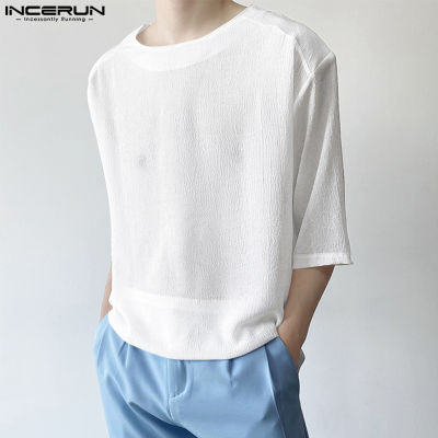 INCERUN เสื้อสวมหัวแขน3/4สำหรับผู้ชายเสื้อยืดคอกลมผ้าโปร่งบางระบายอากาศง่าย (สไตล์เกาหลี)