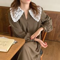 【YF】 Women Autumn Beige Long Loose Lace Dress V Neck Straight Full Sleeve Pullover Maxi Dresses Female