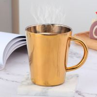 hotx【DT】 300ml Gold Beer Cups steel water cup double layer milk Metal Mug tableware drinking serving tools