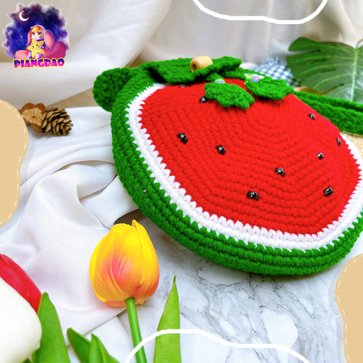 handmade100-กระเป๋าถักโครเชต์ไหมพรม-แตงโม-watermelon-น่ารักๆ